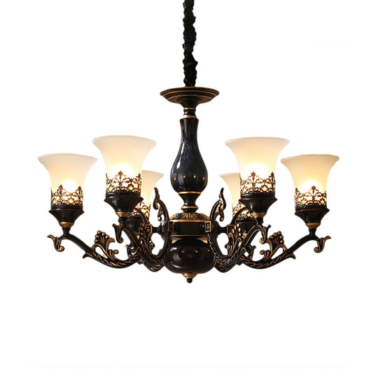Black Bell Shaped Ceiling Suspension Lamp with Frosted Glass and Multiple Heads - Countryside Chandelier for Living Room Lighting