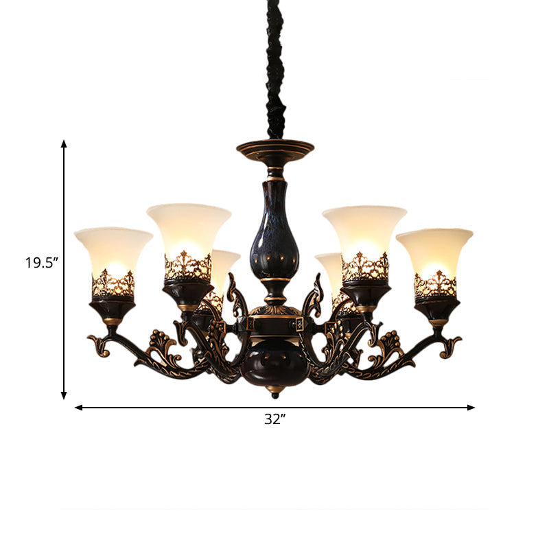 Black Bell Shaped Ceiling Suspension Lamp with Frosted Glass and Multiple Heads - Countryside Chandelier for Living Room Lighting