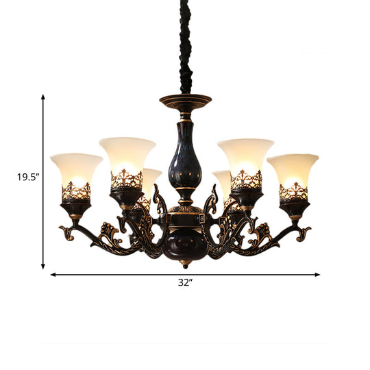 Black Bell Shaped Ceiling Suspension Lamp with Frosted Glass and Multiple Heads - Countryside Chandelier for Living Room Lighting