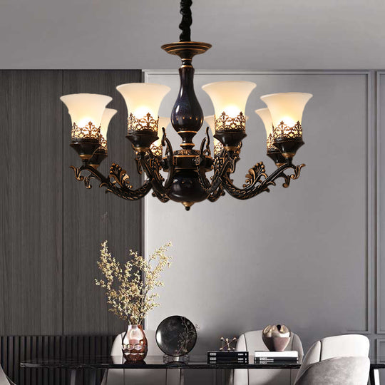 Black Bell Shaped Ceiling Suspension Lamp with Frosted Glass and Multiple Heads - Countryside Chandelier for Living Room Lighting
