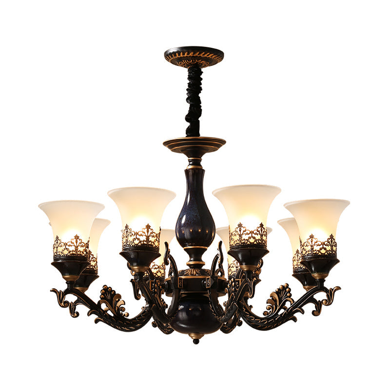 Black Bell Shaped Ceiling Suspension Lamp with Frosted Glass and Multiple Heads - Countryside Chandelier for Living Room Lighting