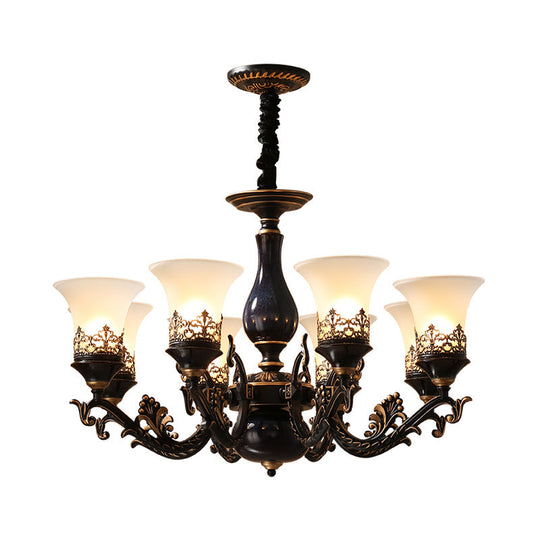 Black Bell Shaped Ceiling Suspension Lamp with Frosted Glass and Multiple Heads - Countryside Chandelier for Living Room Lighting