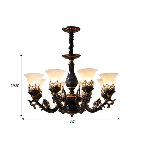Black Bell Shaped Ceiling Suspension Lamp with Frosted Glass and Multiple Heads - Countryside Chandelier for Living Room Lighting