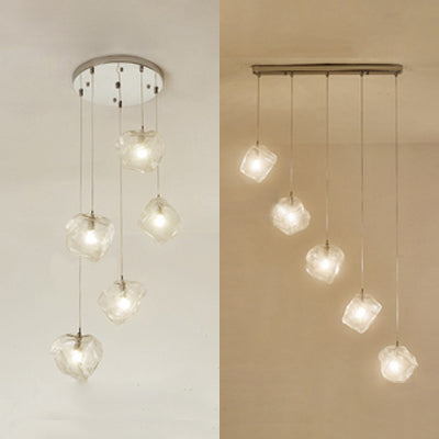 Contemporary Rock Clear Glass Cluster Pendant Light with LED White Lights - 5/6/8 Options - Round/Linear Canopy Included