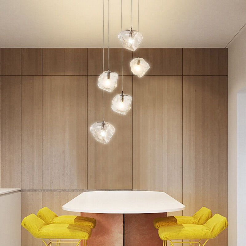 Contemporary Rock Clear Glass Cluster Pendant Light with LED White Lights - 5/6/8 Options - Round/Linear Canopy Included