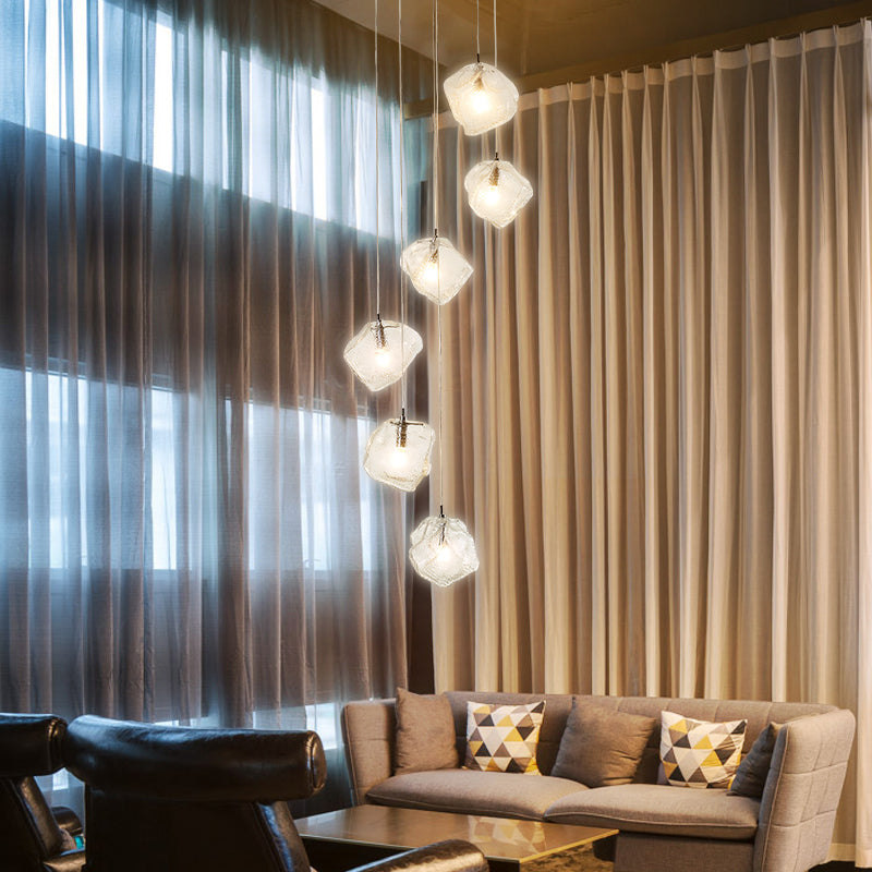 Contemporary Rock Clear Glass Cluster Pendant Light with LED White Lights - 5/6/8 Options - Round/Linear Canopy Included