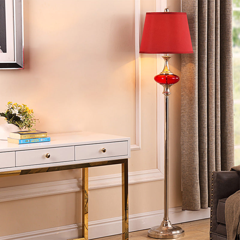 Traditional Style Conical Shade Floor Lamp, White/Red Fabric, 1 Head, for Guest Room