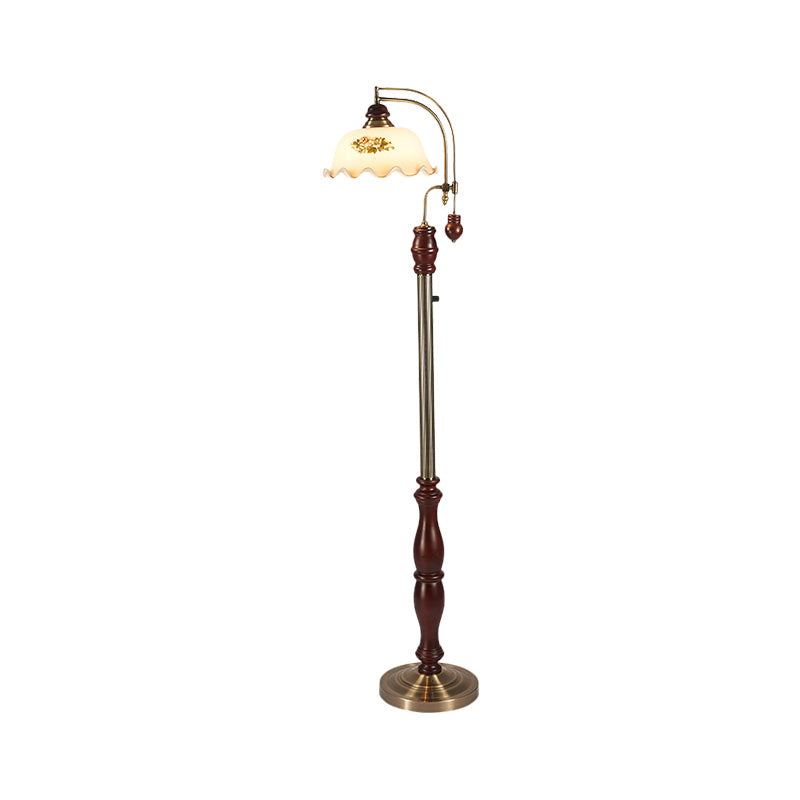 Traditional Style Cream Glass Floral Shade Floor Lamp with Wood Base in Brown