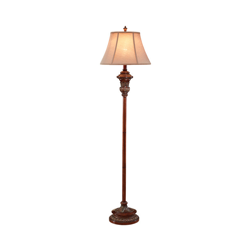 Antiqued Style Floor Reading Lamp with Bell Shade - 1 Head Fabric Floor Light in Brown for Guest Room