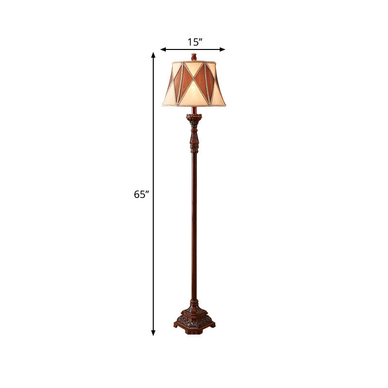 Antiqued Style Red Brown Floor Lamp with Harlequin Design and Flared Fabric Shade, 1 Bulb