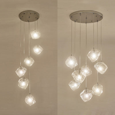 Contemporary Rock Clear Glass Cluster Pendant Light with LED White Lights - 5/6/8 Options - Round/Linear Canopy Included