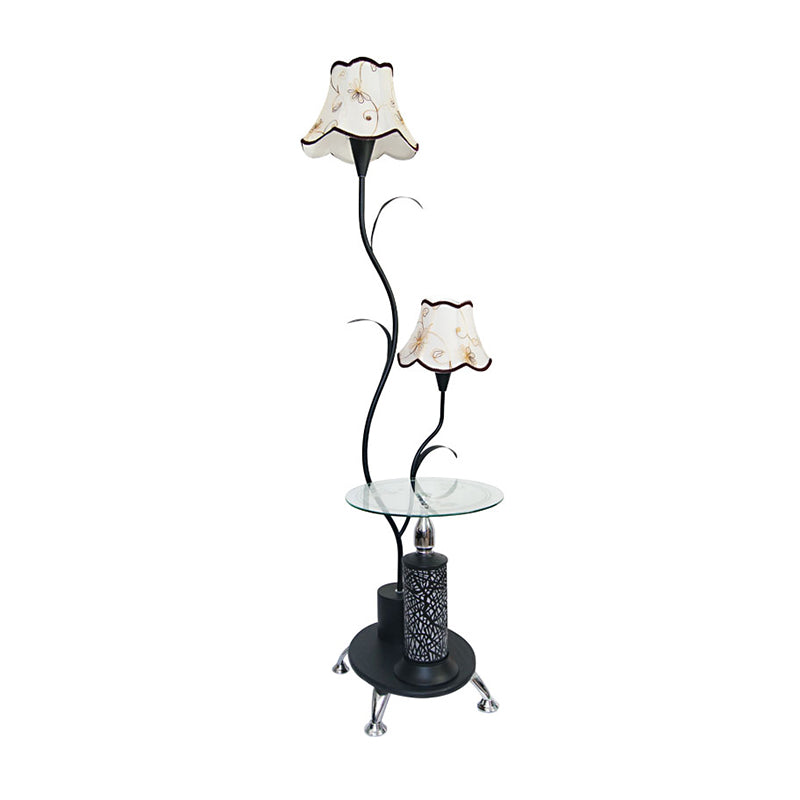 Black/White Iron Branch Standing Lamp with Floral Shade - Countryside Style Floor Light (2 Bulbs)