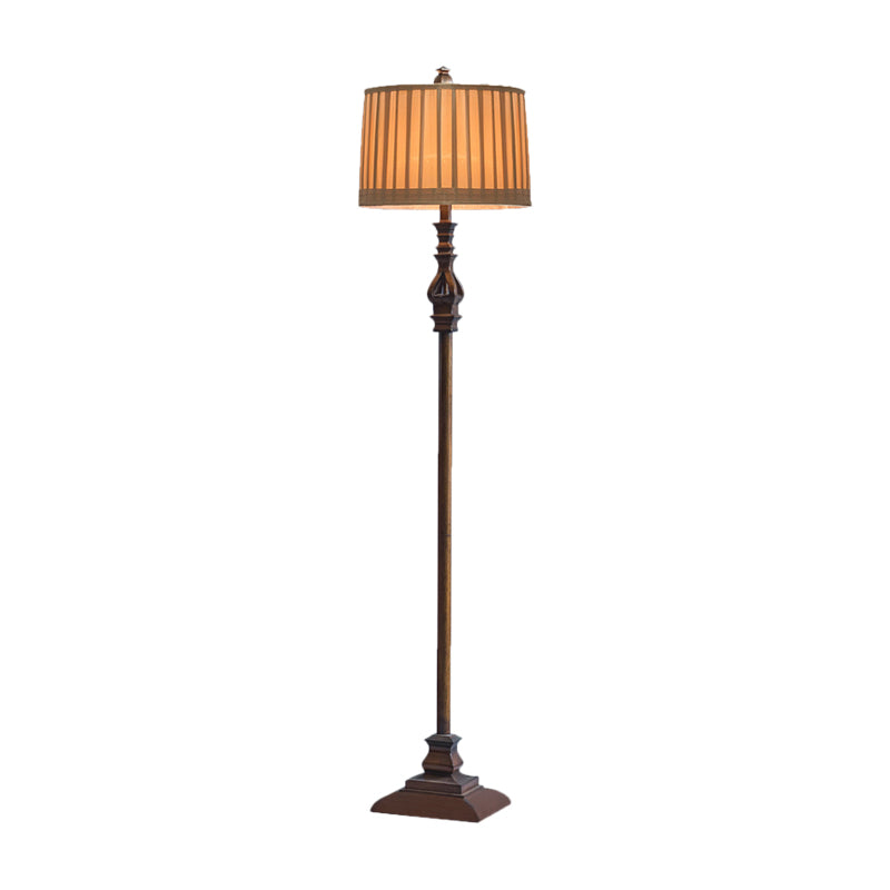 Retro Square Pedestal Floor Lamp: 1-Light Resin Light in Brown with Pleated Fabric Shade