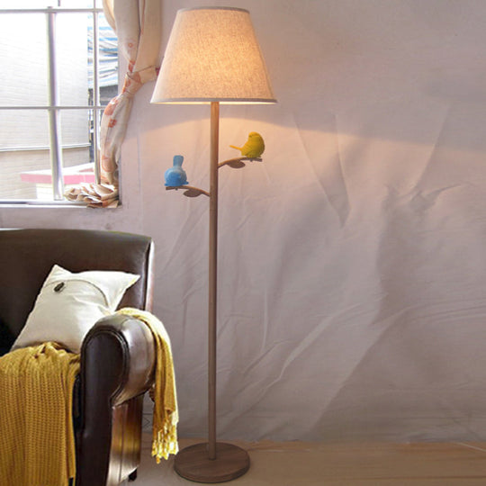 Rustic Wood Conical Shade Task Floor Lamp - 1 Light, Living Room Floor Light with Branch and Bird Design