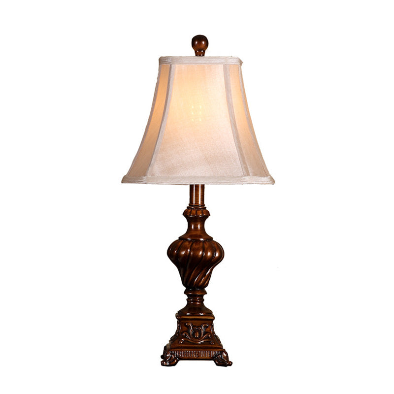 Rustic Brown Resin Nightstand Lamp with Urn Shaped Base, Fabric Shade, and 1-Bulb