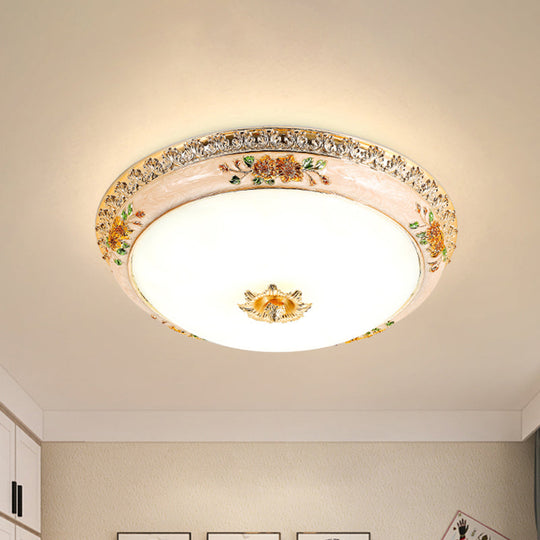 Gold Domed Ceiling Flush LED Bedroom Light with Carved Flower - Traditional Opaque Glass, 3 Width Options