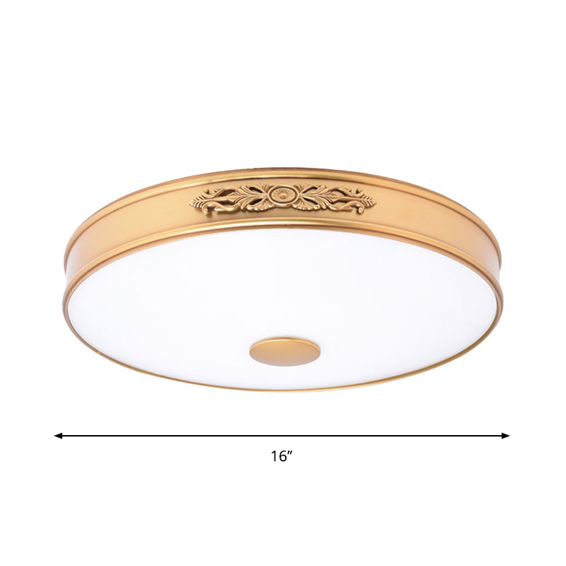 Antiqued Cream Glass Round Flush Mount LED Ceiling Lamp Fixture, Gold, for Bedroom