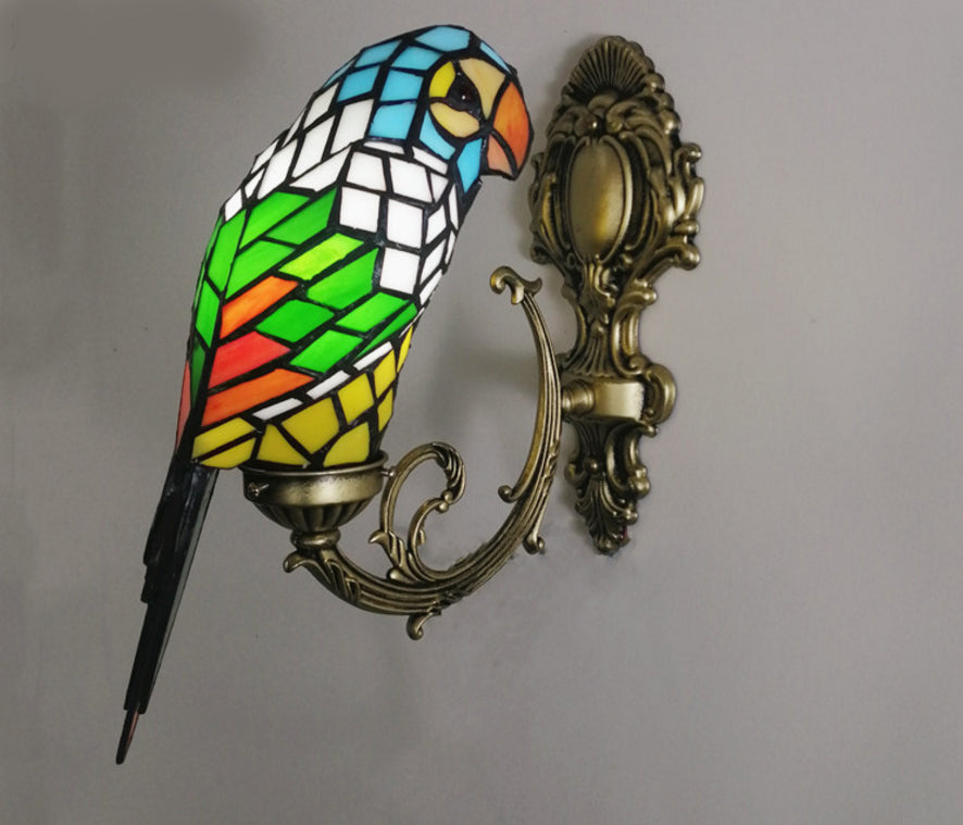 Rustic Loft Parrot Wall Sconce - Stained Glass Wall Lighting in Red/Blue for Bedroom