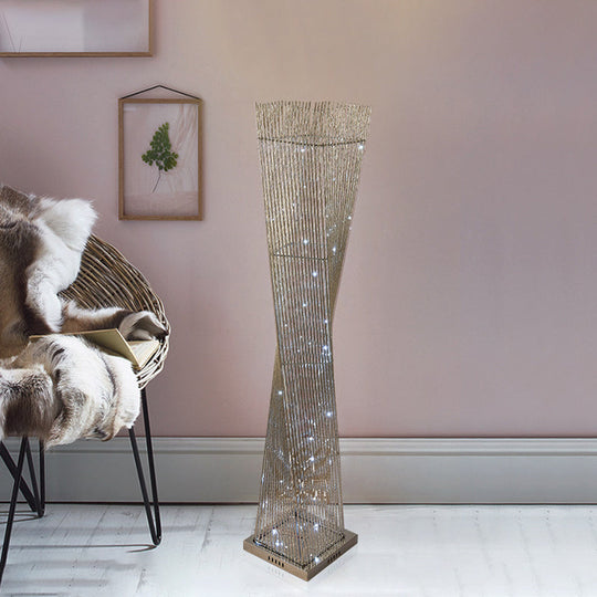 Silver Metal LED Floor Lamp – Twisted Cuboid Design for Study Room Décor