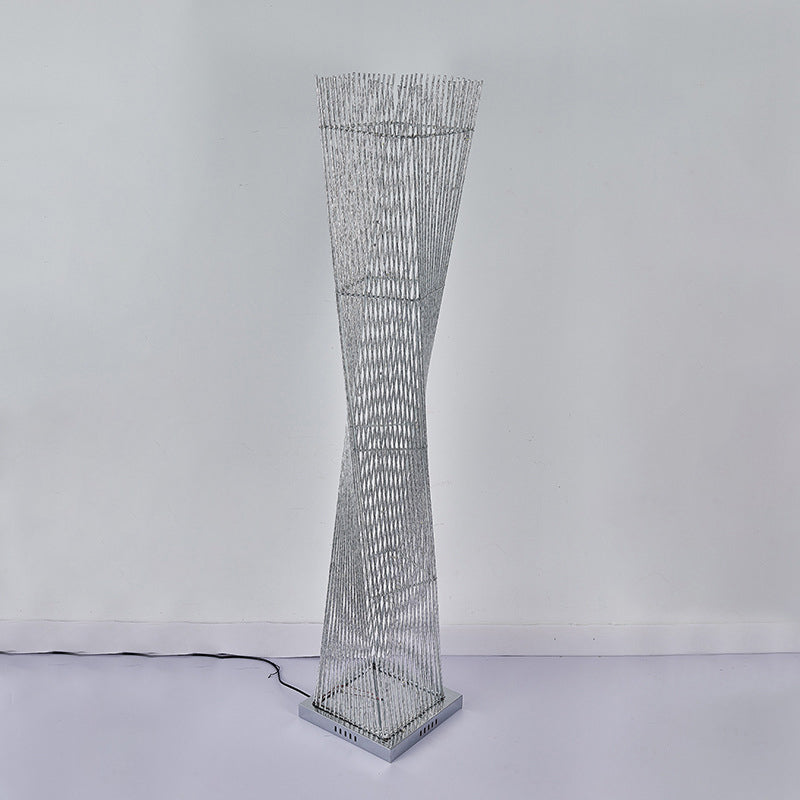 Silver Metal LED Floor Lamp – Twisted Cuboid Design for Study Room Décor