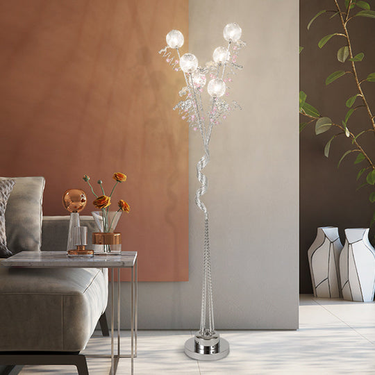 Aluminum Tree Shaped LED Floor Reading Lamp with Orb Detail in Pink/Silver, Warm/White Light - Decorative Lighting for Living Room