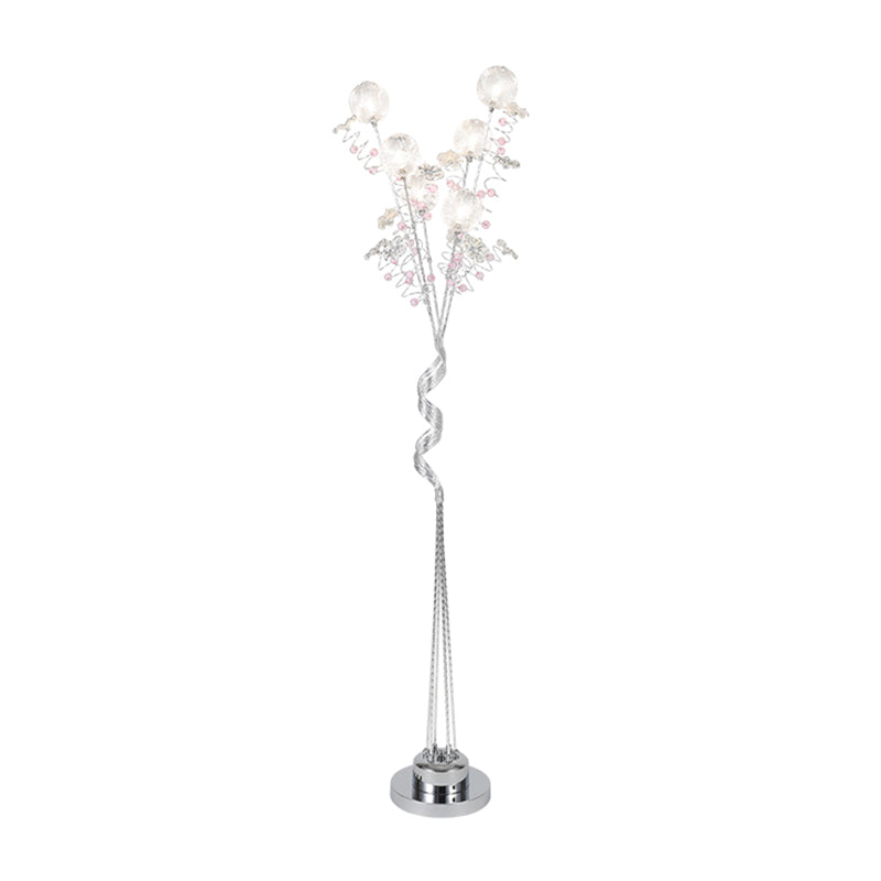 Aluminum Tree Shaped LED Floor Reading Lamp with Orb Detail in Pink/Silver, Warm/White Light - Decorative Lighting for Living Room