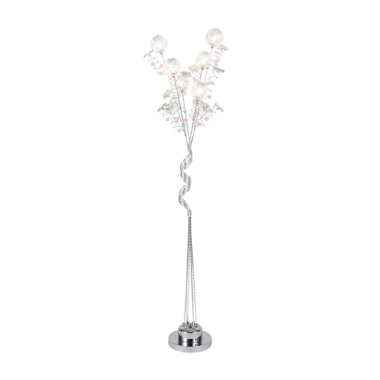 Aluminum Tree Shaped LED Floor Reading Lamp with Orb Detail in Pink/Silver, Warm/White Light - Decorative Lighting for Living Room