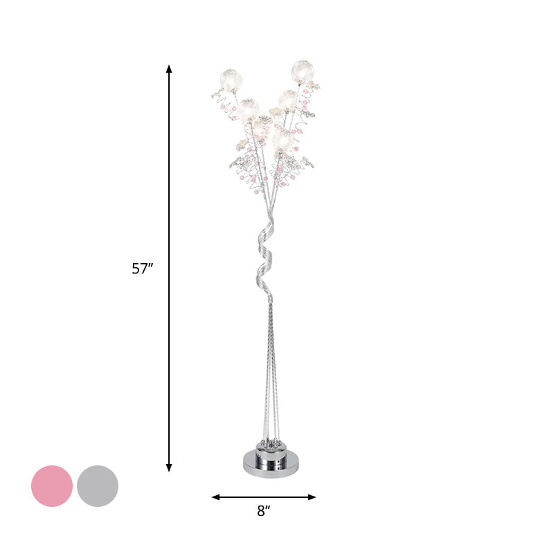 Aluminum Tree Shaped LED Floor Reading Lamp with Orb Detail in Pink/Silver, Warm/White Light - Decorative Lighting for Living Room