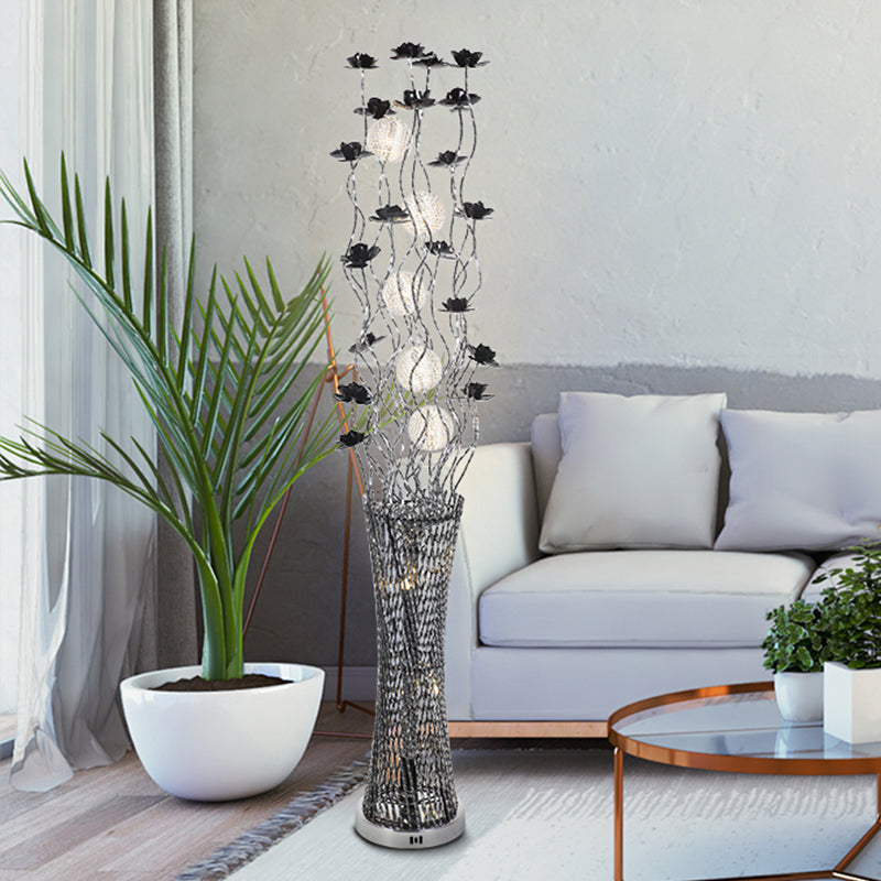 Stylish LED Floor Lamp with Black-Silver Finish, Aluminum Tree-Like Design, and Tower Shape Base – Warm/White Light
