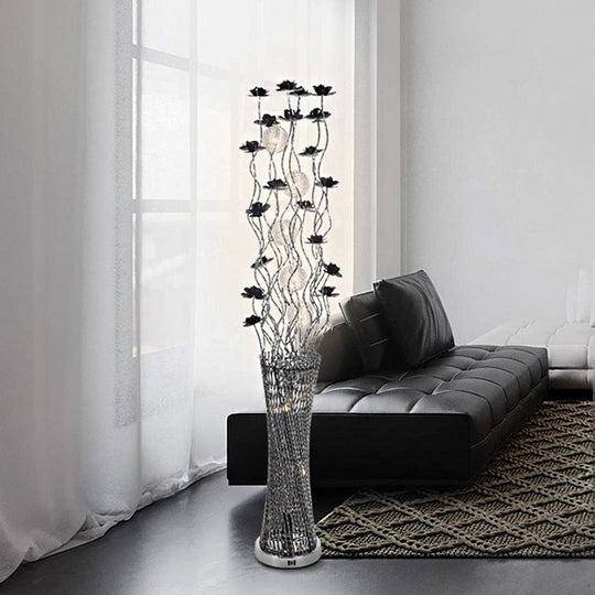 Stylish LED Floor Lamp with Black-Silver Finish, Aluminum Tree-Like Design, and Tower Shape Base – Warm/White Light