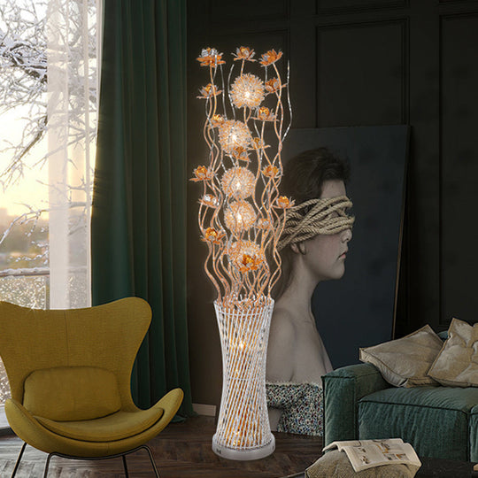 Gold Floral LED Floor Lamp - Aluminum Cylinder Art Decor with White/Warm Light