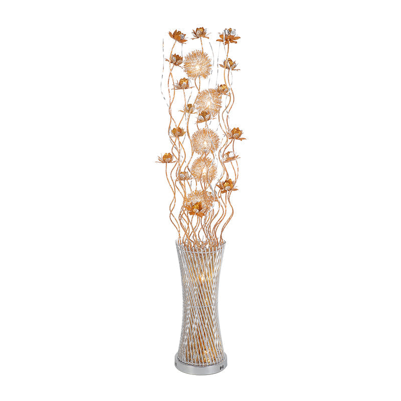 Gold Floral LED Floor Lamp - Aluminum Cylinder Art Decor with White/Warm Light