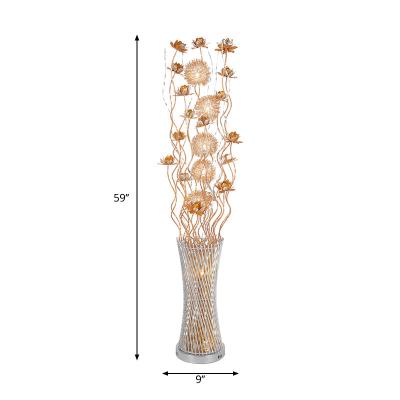 Gold Floral LED Floor Lamp - Aluminum Cylinder Art Decor with White/Warm Light