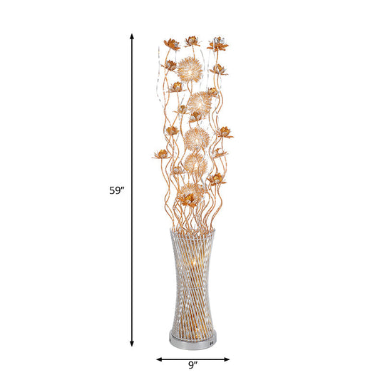 Gold Floral LED Floor Lamp - Aluminum Cylinder Art Decor with White/Warm Light