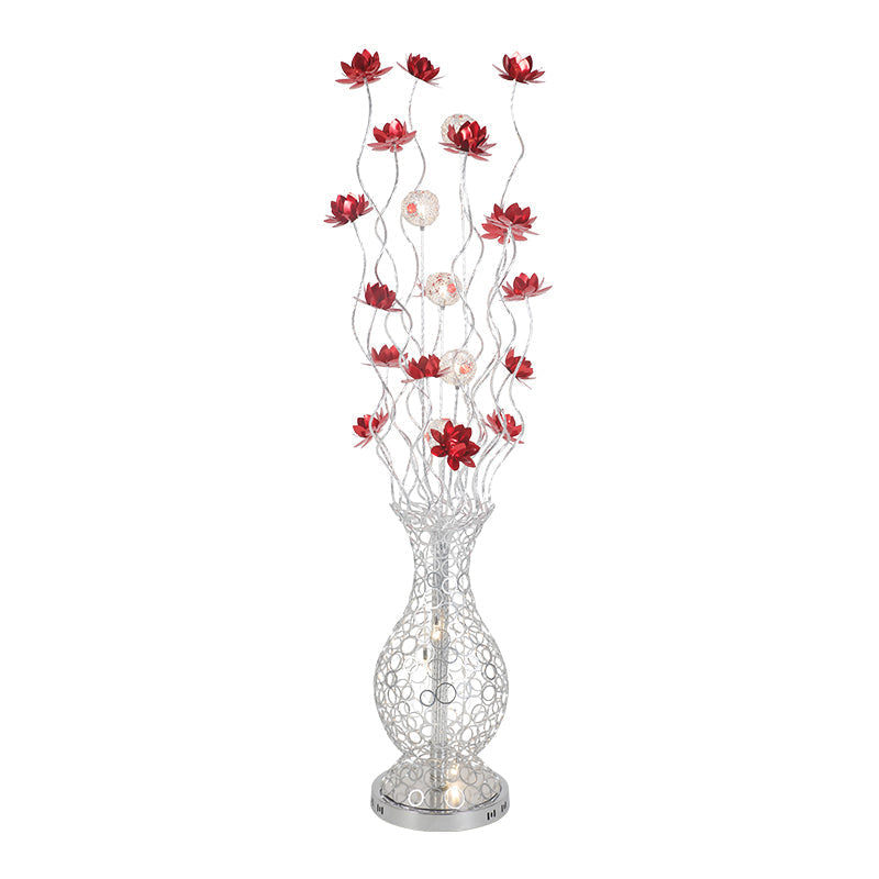 Aluminum Floor Lamp with Decorative LED, Vase Shape Stand-Up Design, Blossom and Ball Details, Red/Purple