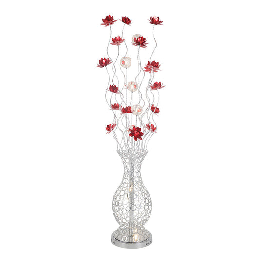 Aluminum Floor Lamp with Decorative LED, Vase Shape Stand-Up Design, Blossom and Ball Details, Red/Purple