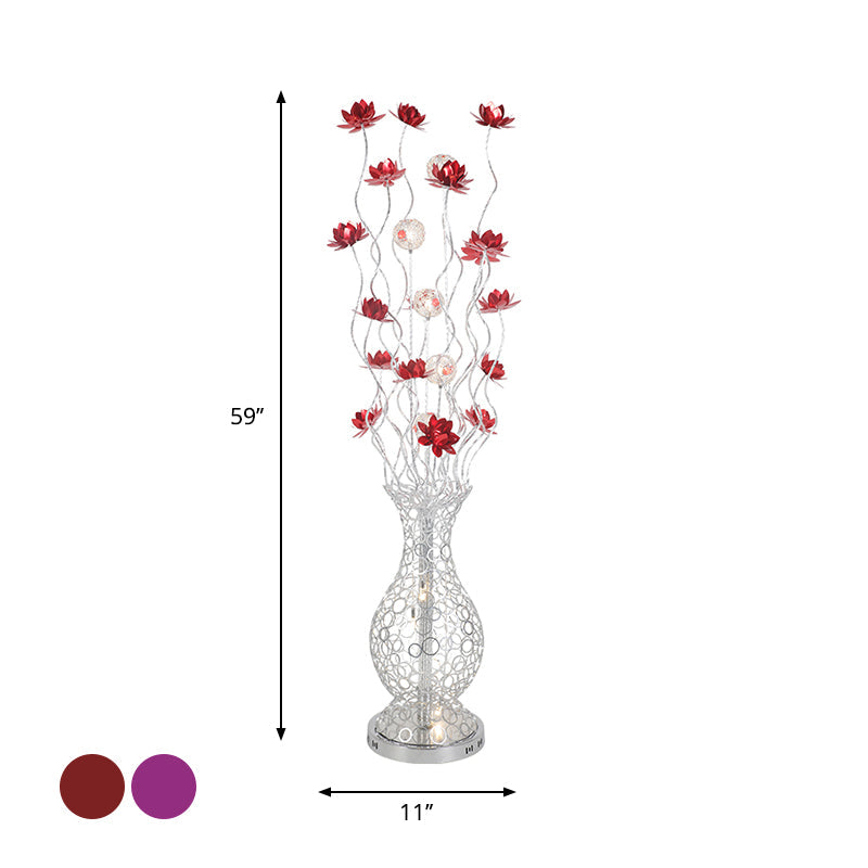 Aluminum Floor Lamp with Decorative LED, Vase Shape Stand-Up Design, Blossom and Ball Details, Red/Purple