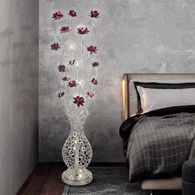 Aluminum Floor Lamp with Decorative LED, Vase Shape Stand-Up Design, Blossom and Ball Details, Red/Purple