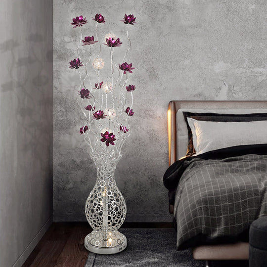 Aluminum Floor Lamp with Decorative LED, Vase Shape Stand-Up Design, Blossom and Ball Details, Red/Purple