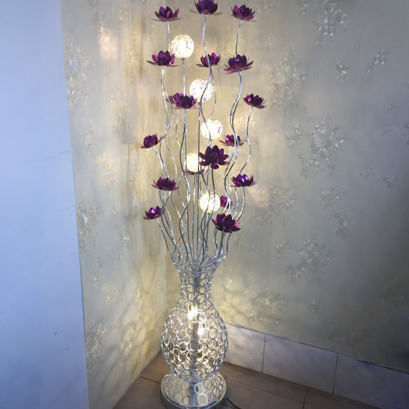Aluminum Floor Lamp with Decorative LED, Vase Shape Stand-Up Design, Blossom and Ball Details, Red/Purple
