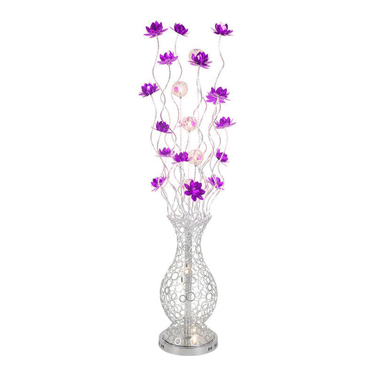 Aluminum Floor Lamp with Decorative LED, Vase Shape Stand-Up Design, Blossom and Ball Details, Red/Purple