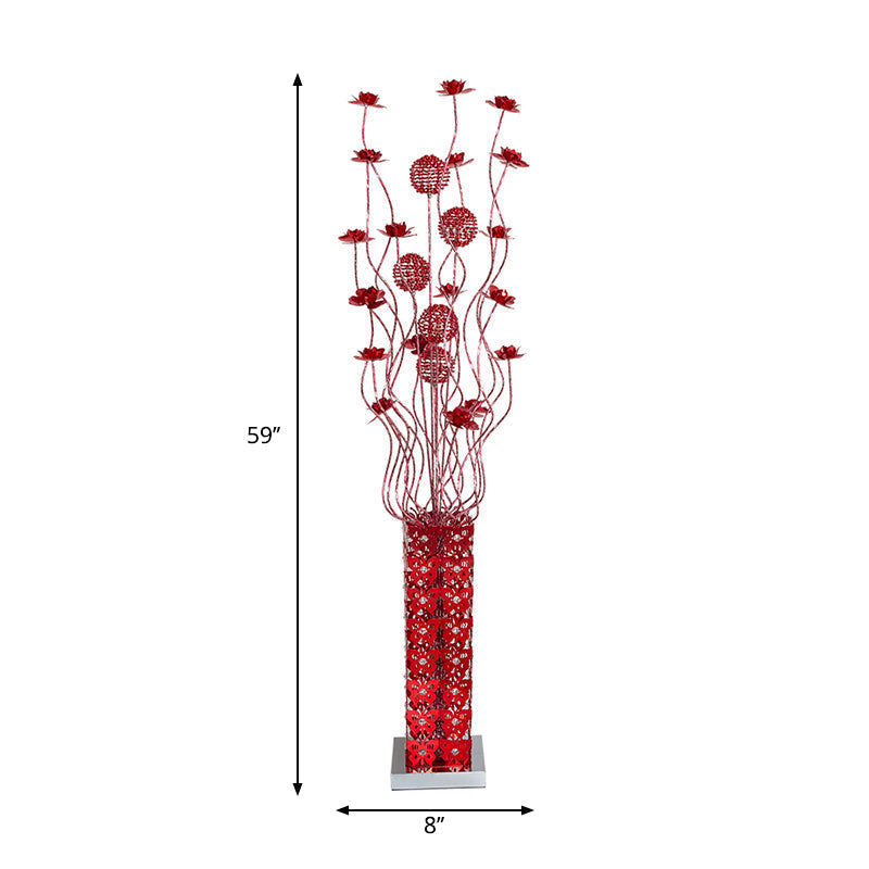 Red LED Flower Décor Floor Lamp - Metal Cuboid Standing Light with Crystal Embellishments