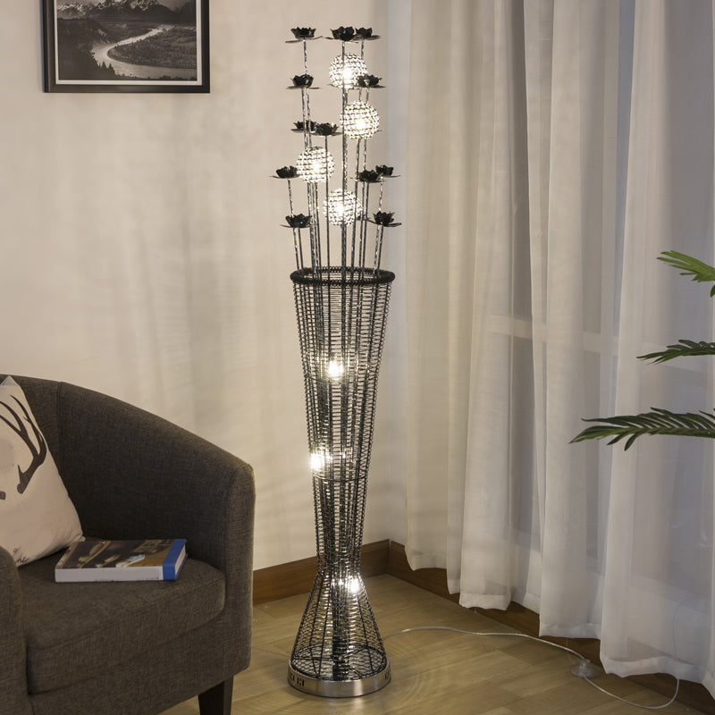 Aluminum LED Standing Lamp- Black-Silver, Decorative Tapered Design for Reading with Bloom and Ball Décor