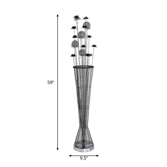 Aluminum LED Standing Lamp- Black-Silver, Decorative Tapered Design for Reading with Bloom and Ball Décor