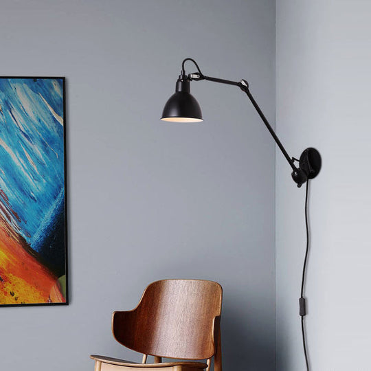 Modern Black/Gray Domed Wall Sconce Light with Adjustable Metallic Arm - 1 Head, 23.5"+8"/16"+8" Length