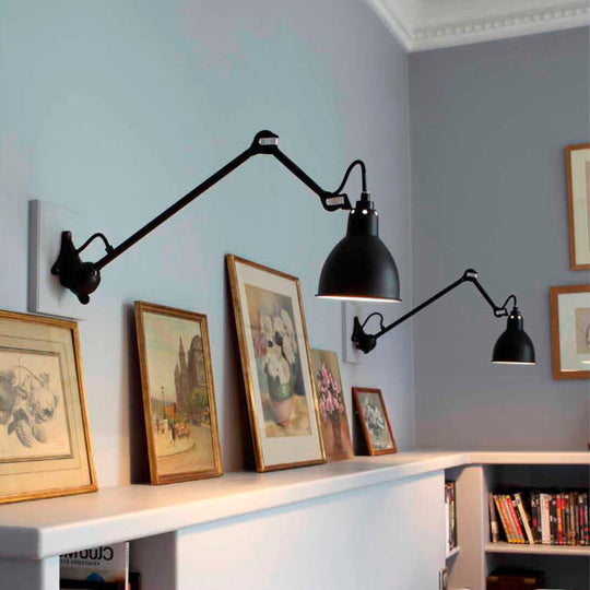 Modern Black/Gray Domed Wall Sconce Light with Adjustable Metallic Arm - 1 Head, 23.5"+8"/16"+8" Length