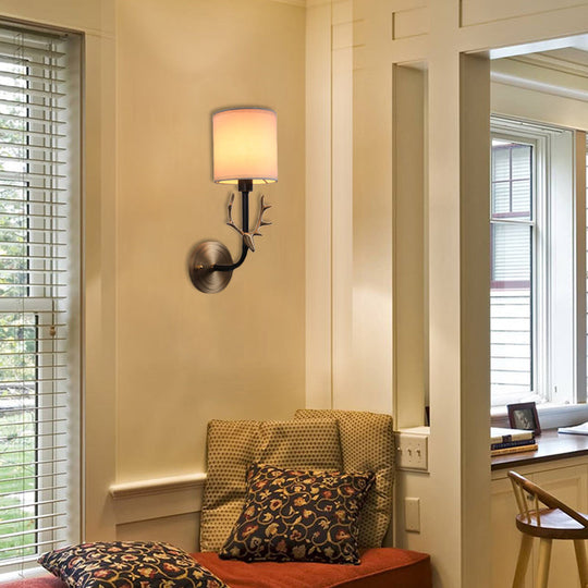Modern 1/2 Lights Wall Sconce with Fabric Shade - Black/Gold Cylinder Wall Mount Fixture featuring Metal Antler
