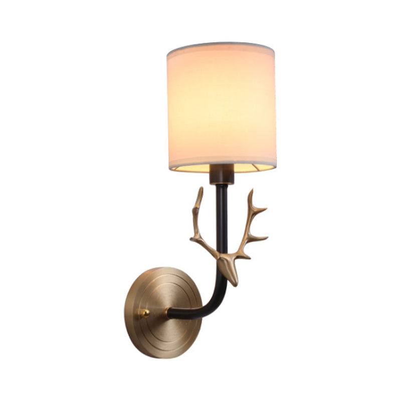 Modern 1/2 Lights Wall Sconce with Fabric Shade - Black/Gold Cylinder Wall Mount Fixture featuring Metal Antler