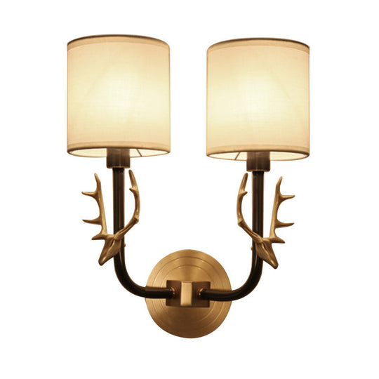 Modern 1/2 Lights Wall Sconce with Fabric Shade - Black/Gold Cylinder Wall Mount Fixture featuring Metal Antler