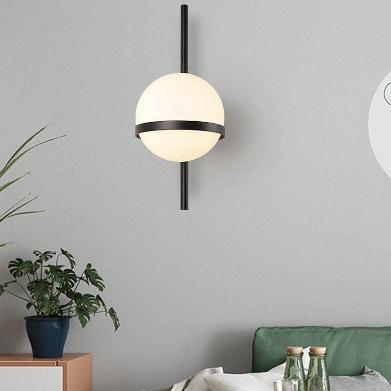 Modern Black/Gold Vertical Wall Sconce with Orbit Opal Glass Shade - 1 Head Metal Wall Lamp, 6"/8" Width